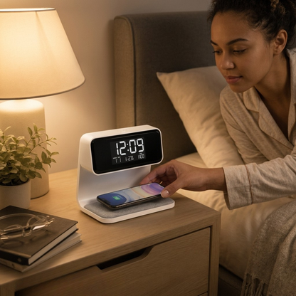 LED Bureaulamp met Draadloze Oplader & Wekker – 3-in-1 Nachtlamp