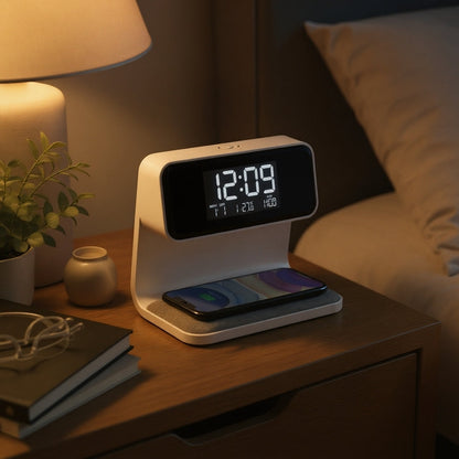 LED Bureaulamp met Draadloze Oplader & Wekker – 3-in-1 Nachtlamp
